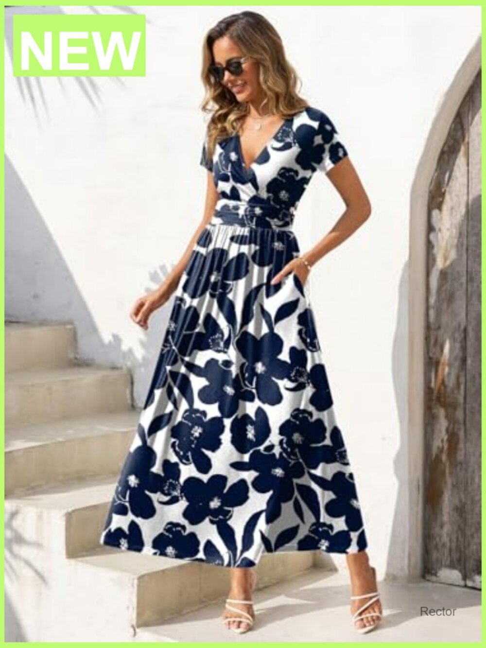 Women's Summer Short Sleeve Maxi Dress V Neck Flowy Sundress with Pockets - Picture 2 of 7